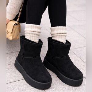 Women's Furry Faux Suede Ankle Platform Booties Black Size 7 NWT